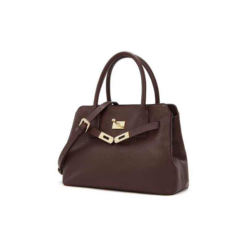 ELLE Vegetable Tanned Top Grain Cow Leather Shoulder Bag, Crossbody Bag, Handbag Medium Size Women's Black/Tan/Caramel-4