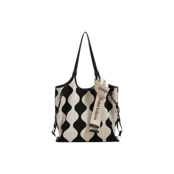 H YXIANG Microfiber Synthetic Leather Tote Bag Shoulder Bag Women's Black White Color Blocking