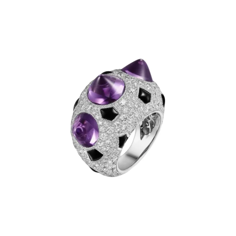 CARTIER 18K White Gold Onyx Amethyst Diamond Rings Women's Silver-1