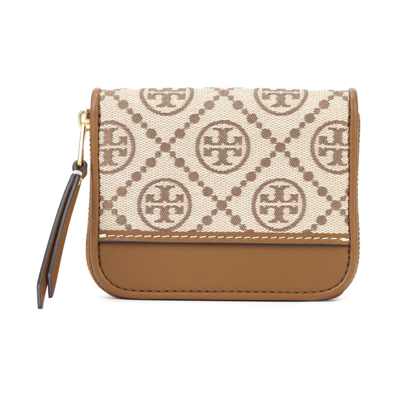 TORY BURCH T Monogram Cotton With Calfskin Wallet Women's Camel Brown-2