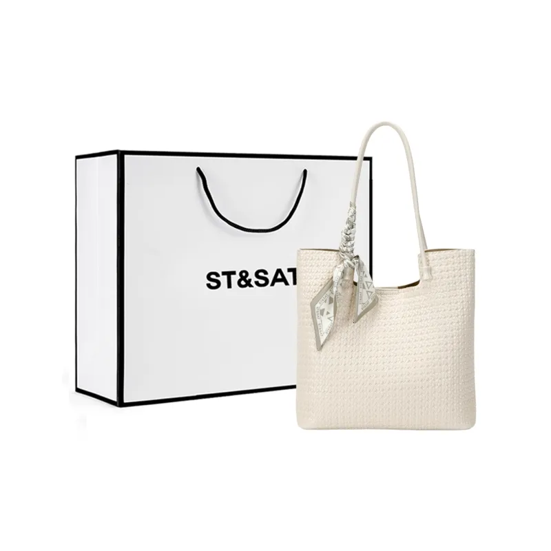 ST&SAT Synthetic Leather Handbag, Shoulder Bag Large Size Women's White/Khaki-5