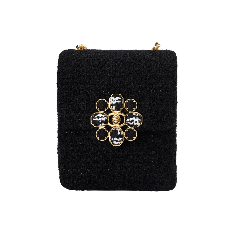 CHANEL Wool Twill Soft Woolen With Gold Metal Flap Bag, Shoulder Bag, Crossbody Bag Women's Black-0