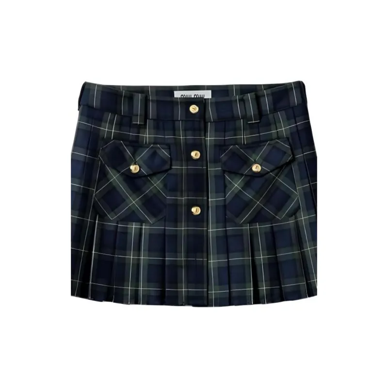 MIU MIU Logo Embroidered Pleated Tartan Mini Skirt-5