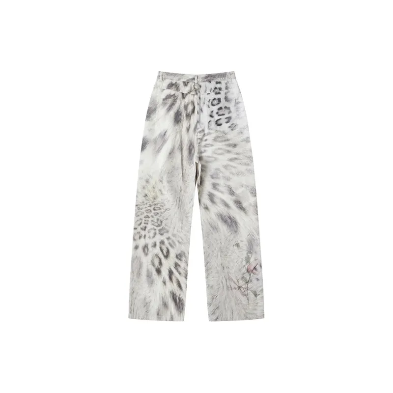 WULISHAONIAN Plush Leopard Print Digital Print Jeans Unisex White Coffee Color-1