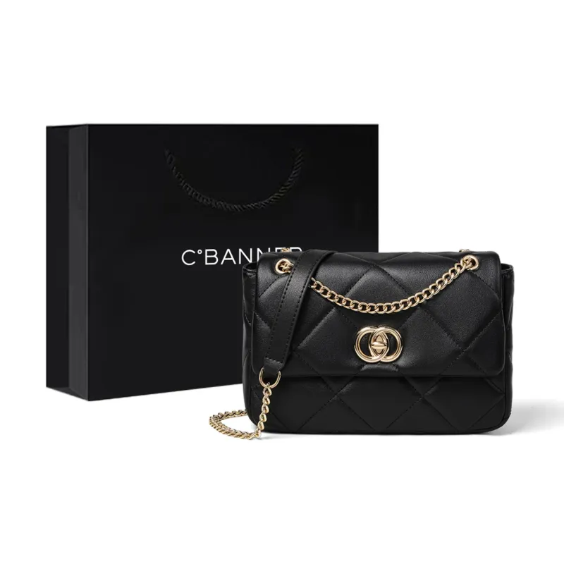 C°BANNER Cow Leather With Synthetic Leather Chain Small Square Bag Shoulder Bag Regular Women's Black/Ecru-0