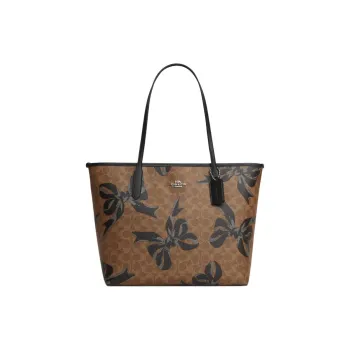 COACH Coated Canvas Tote Bag Shopping Bag Shoulder Bags Large Size Women's Tan