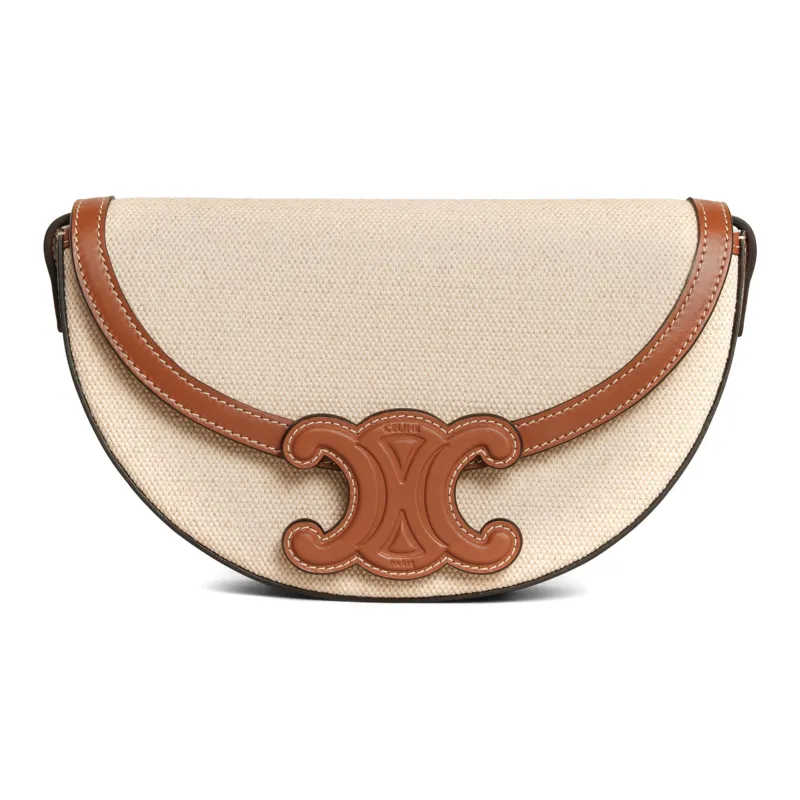 CELINE BesaceTriomphe Fabric Cow Leather Patchwork Crossbody Bag Shoulder Bag Women's Natural/Tan-0