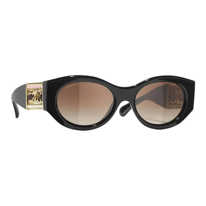 CHANEL Metal Acetate Calfskin Oval Sunglasses Unisex Black-1