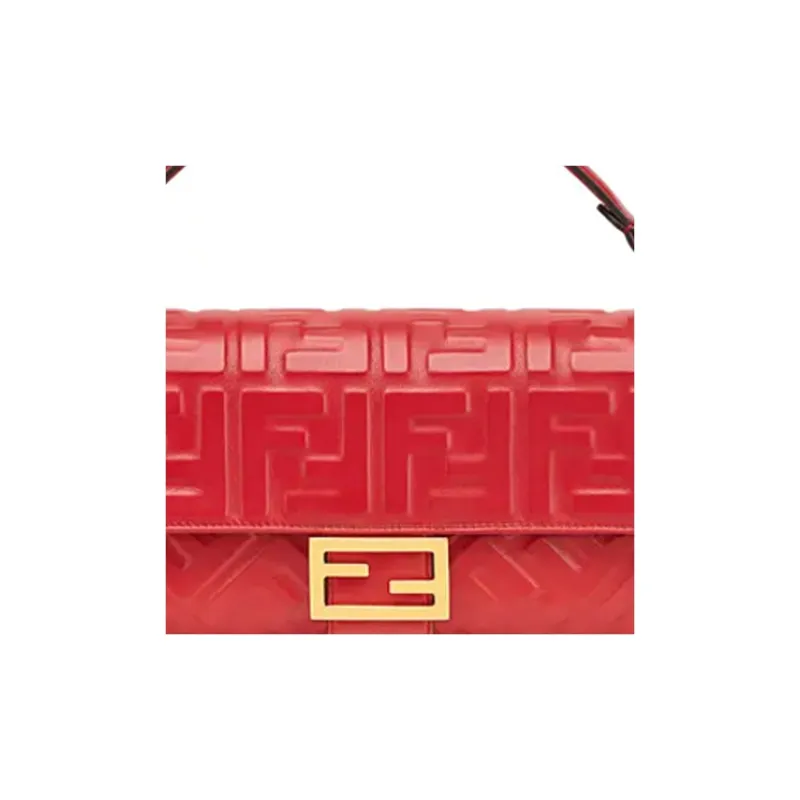 FENDI Baguette Nappa Leather With Sheepskin Baguette Bag, Shoulder Bag, Crossbody Bag, Handbag Medium Size Women's Red-3