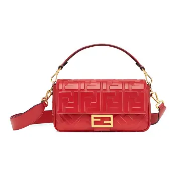 FENDI Baguette Nappa Leather With Sheepskin Baguette Bag, Shoulder Bag, Crossbody Bag, Handbag Medium Size Women's Red