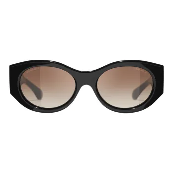 CHANEL Metal Acetate Calfskin Oval Sunglasses Unisex Black