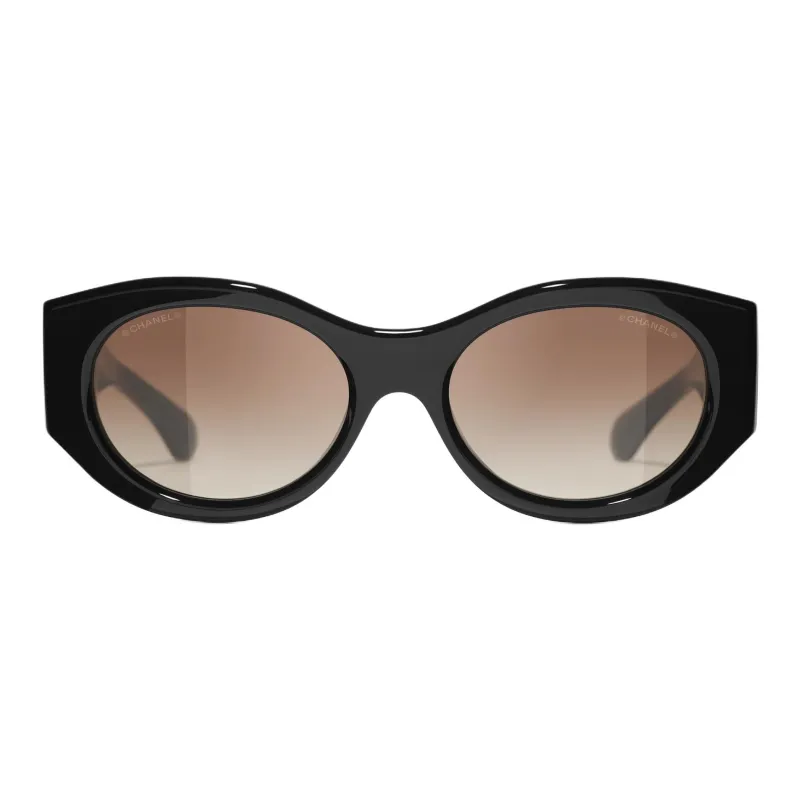 CHANEL Metal Acetate Calfskin Oval Sunglasses Unisex Black-0