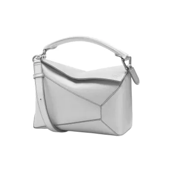 LOEWE Puzzle Layered Lambskin One Shoulder Handbags Small Size Women's Silver