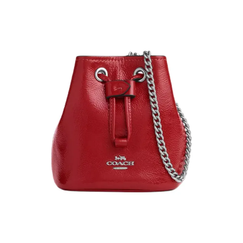 COACH Drawstring Patent Leather With Smooth Leather Clutch Mini Women's Red-0