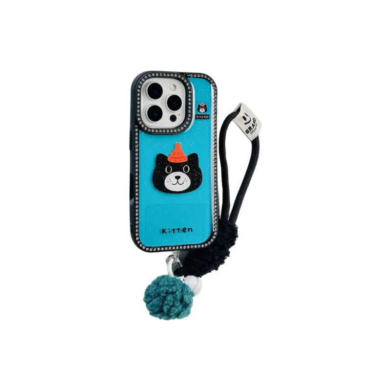Wei Xin Acrylic Material Glitter Black Cat Lanyard Phone Cases Compatible With IPhone 16/15 Pro Max/Apple 13/14 Pro/Max-2