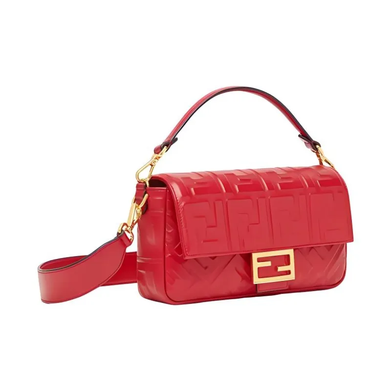 FENDI Baguette Nappa Leather With Sheepskin Baguette Bag, Shoulder Bag, Crossbody Bag, Handbag Medium Size Women's Red-1