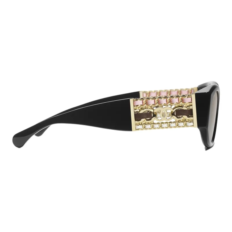 CHANEL Metal Acetate Calfskin Oval Sunglasses Unisex Black-2