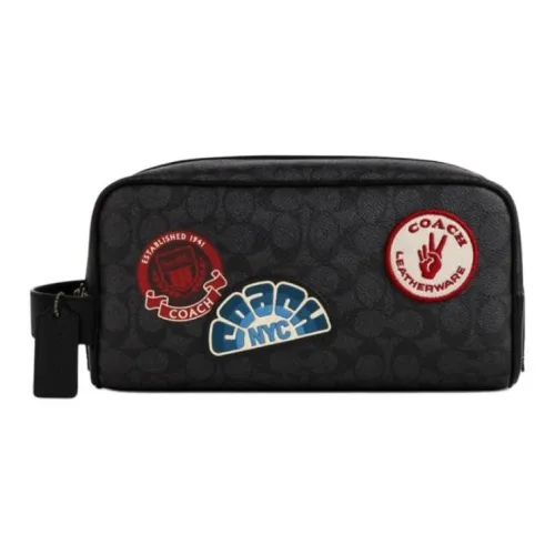 COACH Travel Kit Coated Canvas Makeup Bag Large Size Unisex Charcoal Multicolor