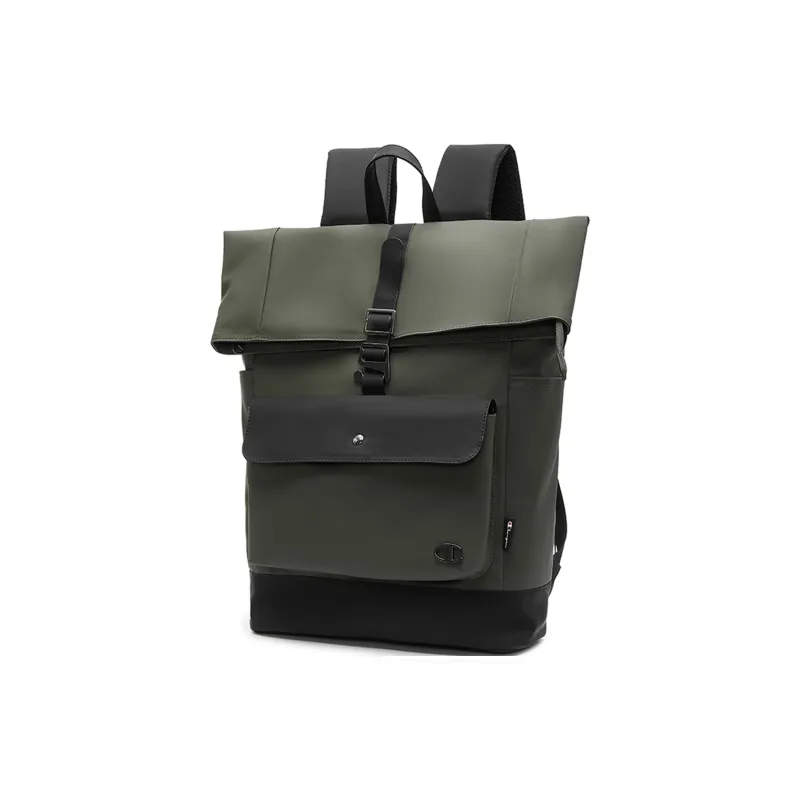 Champion Artificial Leather Backpack Large Size Unisex Black/Olive Green/Black-10