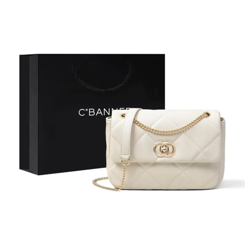 C°BANNER Cow Leather With Synthetic Leather Chain Small Square Bag Shoulder Bag Regular Women's Black/Ecru-4