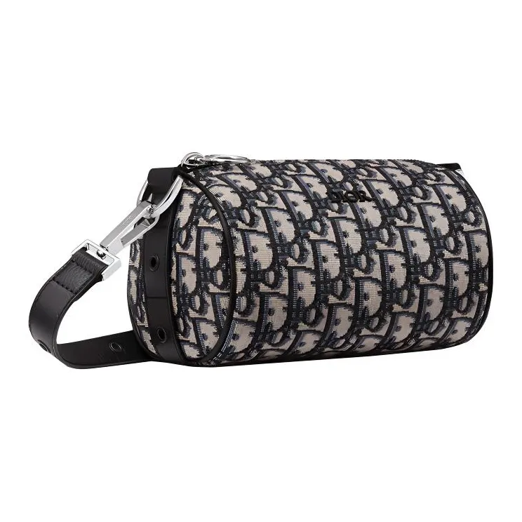 DIOR Embroidery Cylinder Bag Handbag Crossbody Bag Shoulder Bag Men's Black And Beige-2