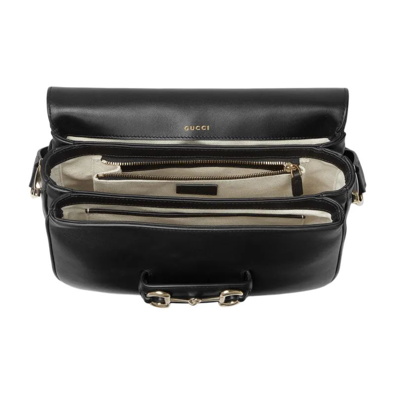 GUCCI Horsebit 1955 Leather Shoulder Bag Trumpets Women's Black-4