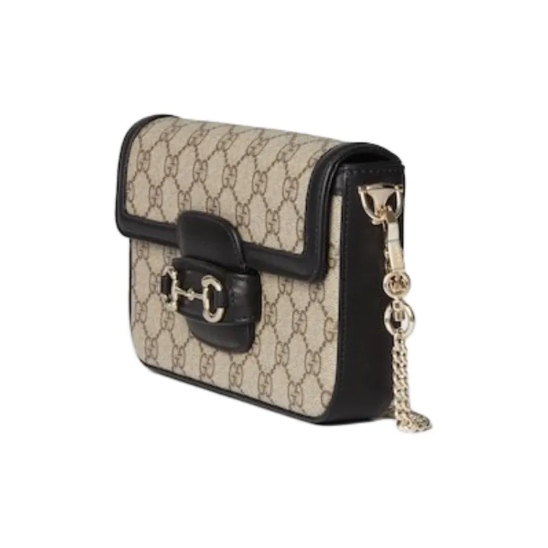 GUCCI Horsebit 1955 Leather Trim Shoulder Bag Mini Women's Beige & Dark Brown-1