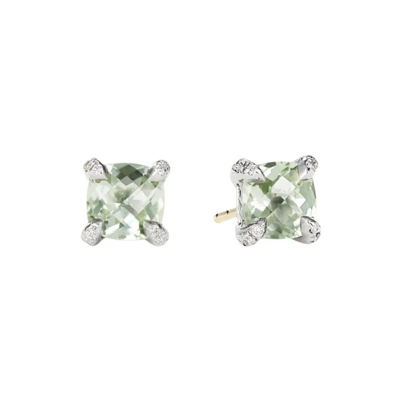 David Yurman Sterling Silver Petite Chatelaine Prasiolite And Diamond Stud Earrings 6mm-0
