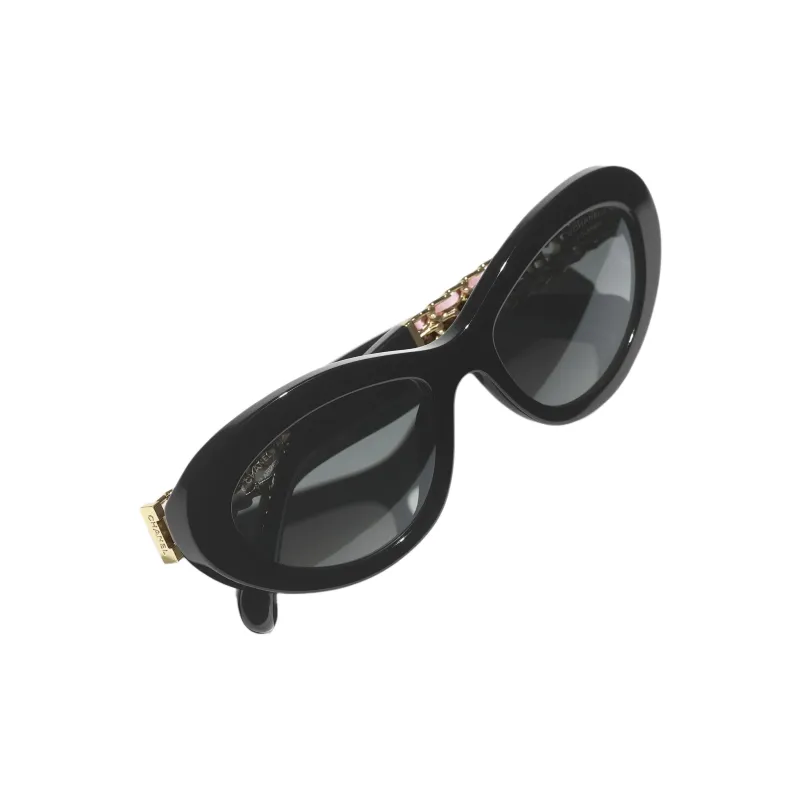 CHANEL Acetate Metal Calfskin Cat Eye Sunglasses Unisex Black-3