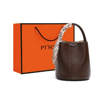 PT'SON Split Cow Leather With Synthetic Leather Bucket Bag, One Shoulder Handbag Regular Women's Wine Coffee
