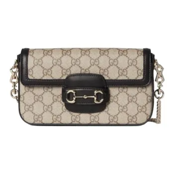 GUCCI Horsebit 1955 Leather Trim Shoulder Bag Mini Women's Beige & Dark Brown