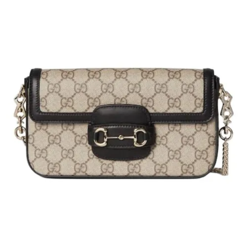 GUCCI Horsebit 1955 Leather Trim Shoulder Bag Mini Women's Beige & Dark Brown