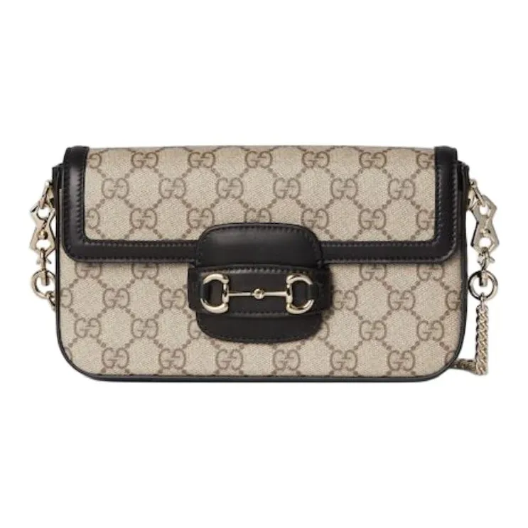 GUCCI Horsebit 1955 Leather Trim Shoulder Bag Mini Women's Beige & Dark Brown-0