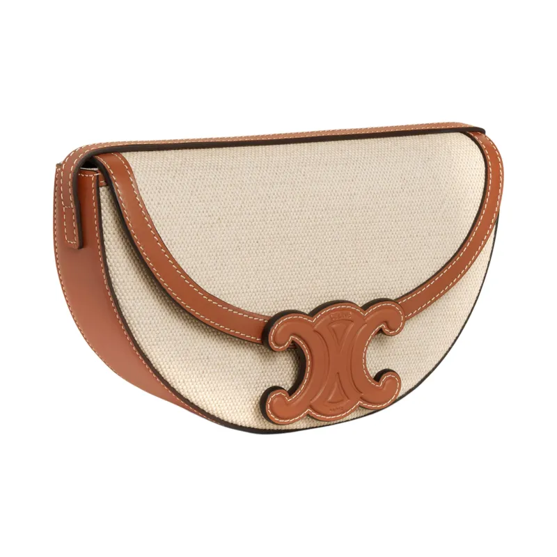 CELINE BesaceTriomphe Fabric Cow Leather Patchwork Crossbody Bag Shoulder Bag Women's Natural/Tan-1