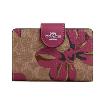 COACH Signature Coated Canvas Wallet Medium Size Women's Silver & Brown & Pink Multicolor