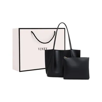 VINEY Cow Leather Tote Bag Shopping Bag Combo Shoulder Bag Large Size Women's Black