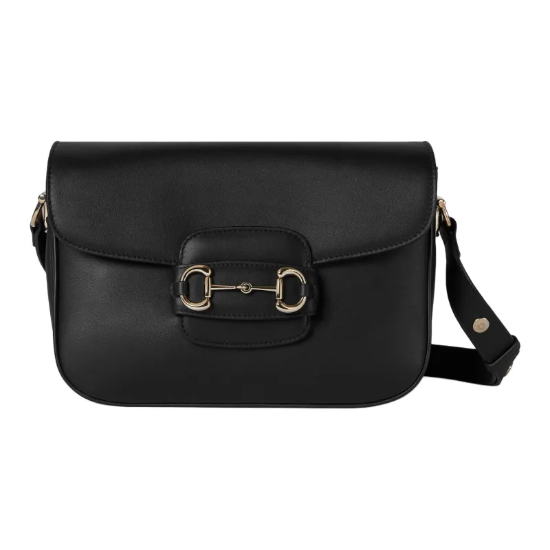 GUCCI Horsebit 1955 Leather Shoulder Bag Trumpets Women's Black-0