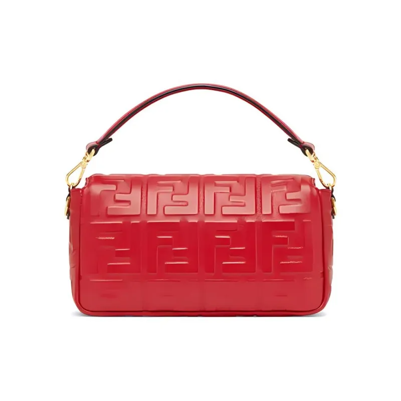FENDI Baguette Nappa Leather With Sheepskin Baguette Bag, Shoulder Bag, Crossbody Bag, Handbag Medium Size Women's Red-2