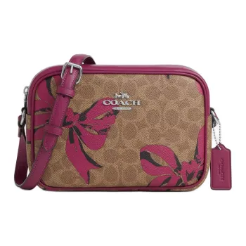 COACH Jamie Coated Canvas Camera Bags Crossbody Bag Shoulder Bag Small Size Women's Dark Brown & Pink Red