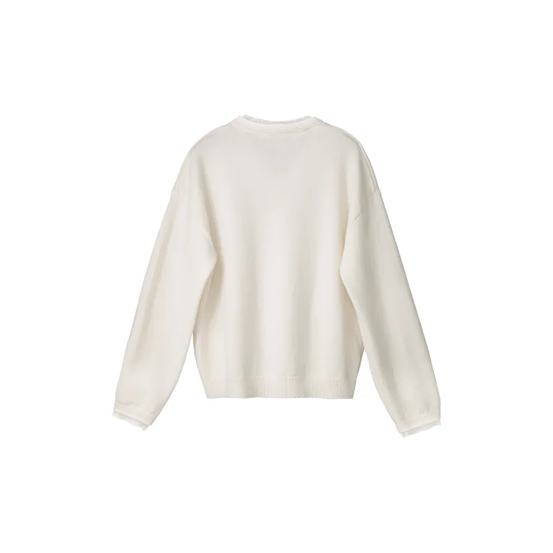 Fstudio Fall And Winter Korean Petite Lace V Neck Knitwear Inner Layer Top Women's Ecru-1