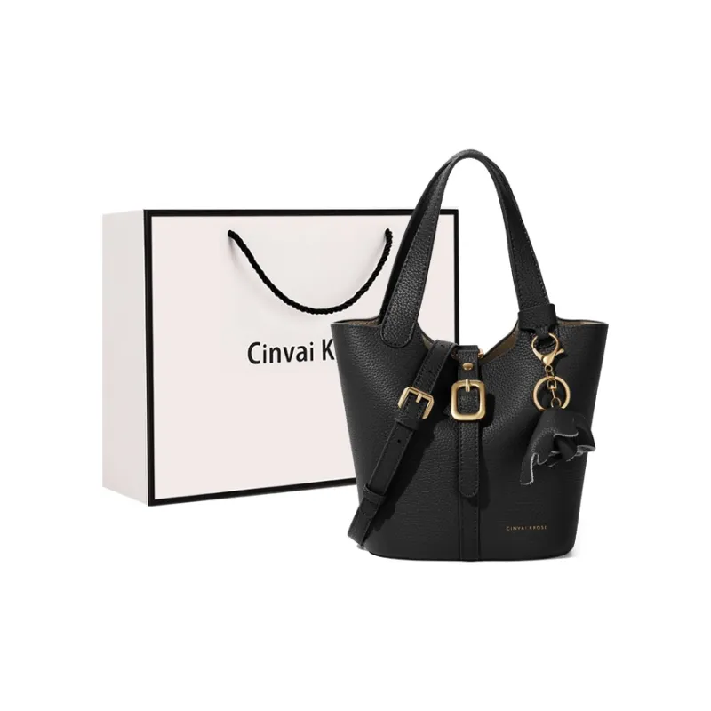 Simvay Clos Cow Leather With Synthetic Leather Shoulder Bag Crossbody Bag Bucket Bag Medium Size Women's Coffee/Black-4