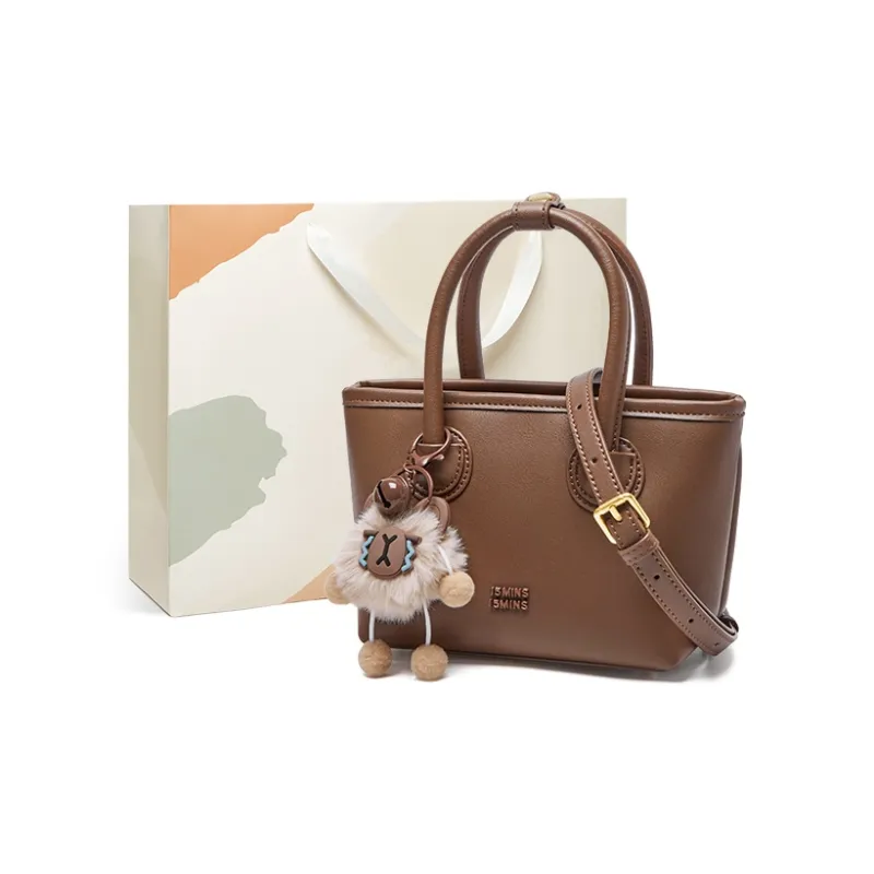 15 MINS Cow Leather Patchwork Synthetic Leather One Shoulder Handbags Women's Ecru & Apricot/Coffee-4