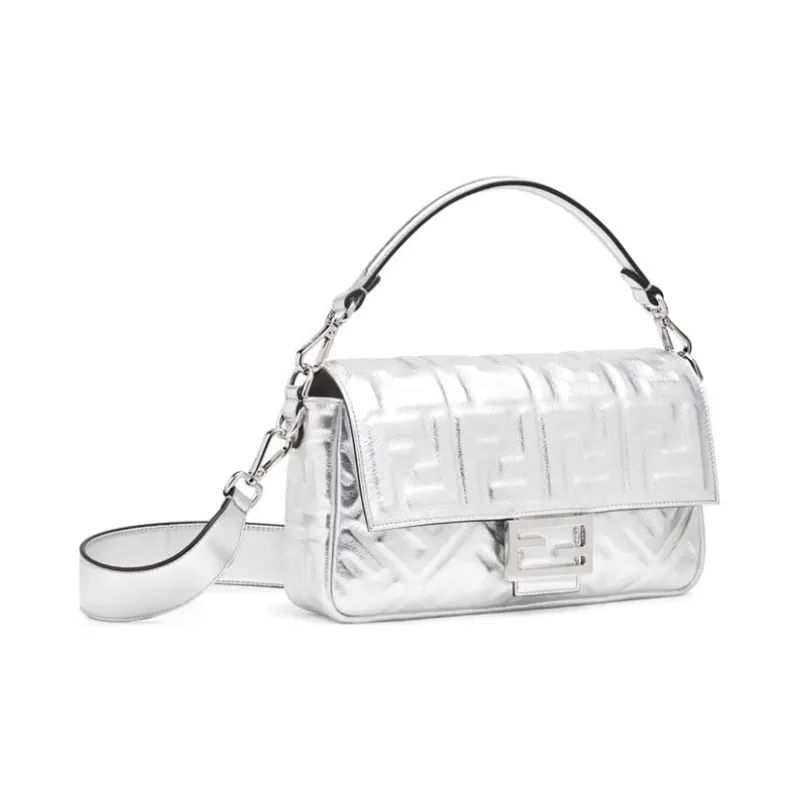 FENDI Baguette Cow Leather Shoulder Bag Crossbody Bag Handbag Medium Size Women's Silver-1