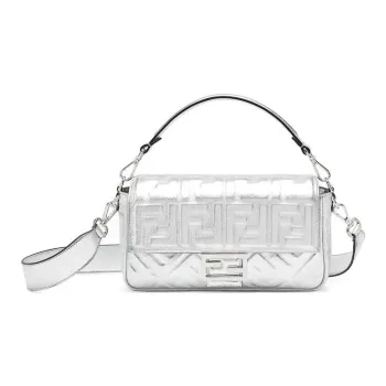 FENDI Baguette Cow Leather Shoulder Bag Crossbody Bag Handbag Medium Size Women's Silver