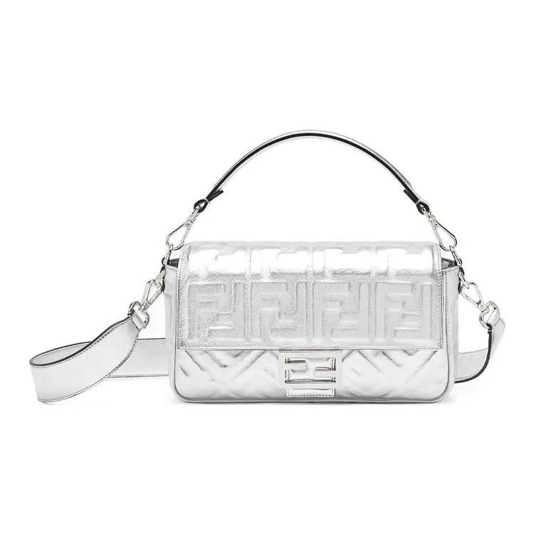 FENDI Baguette Cow Leather Shoulder Bag Crossbody Bag Handbag Medium Size Women's Silver-0