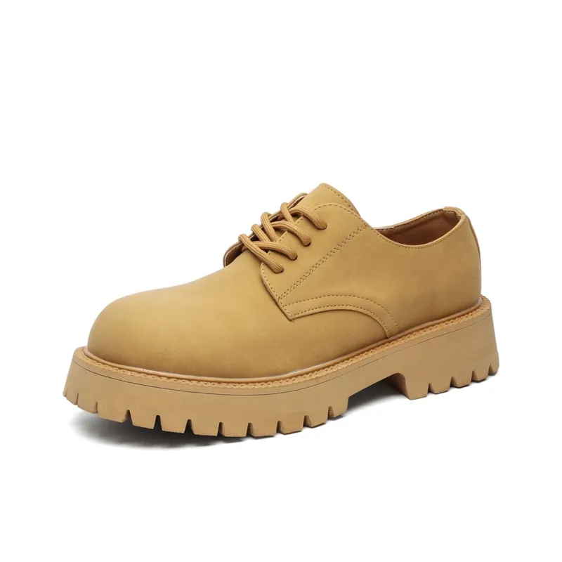 V05 Large Head Derby Shoes Unisex Platform Height Increasing British Style Yellow Lace-Up Casual Leather Shoes-0