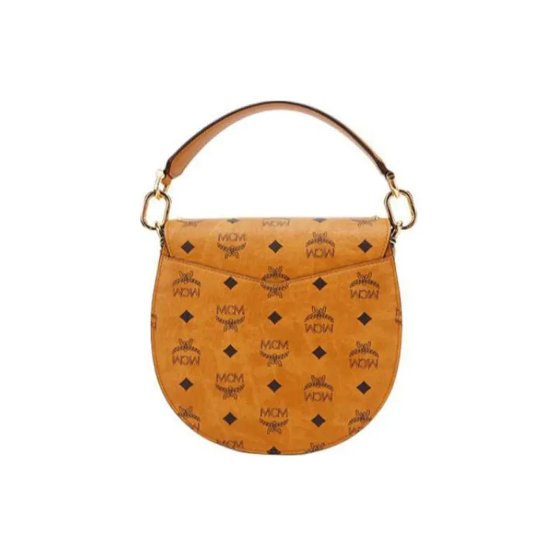 MCM Patricia Visetos Cow Leather Saddle Bag, Crossbody Bag, Shoulder Bag, Handbag Small Size Women's Brown Cognac-3