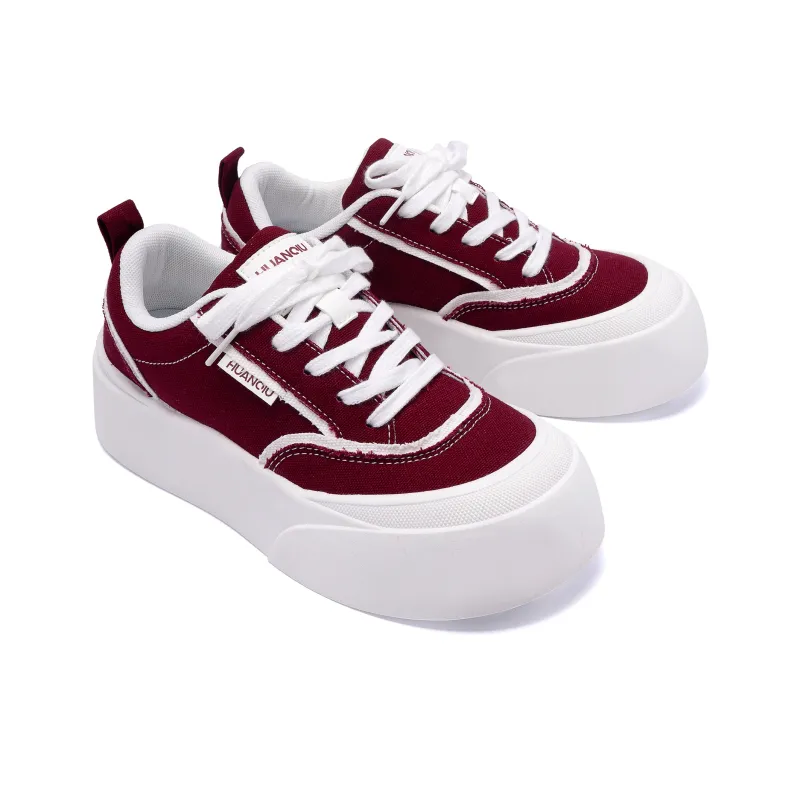 HUANQIU Height Increasing Abrasion Resistant Low Top Canvas Shoes Women's White Red-2