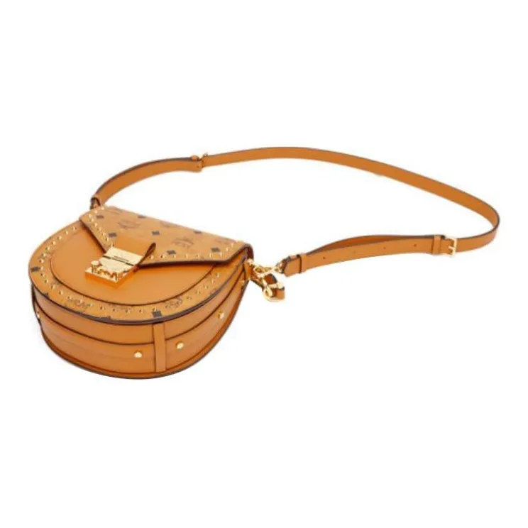 MCM Patricia Visetos Cow Leather Saddle Bag, Crossbody Bag, Shoulder Bag, Handbag Small Size Women's Brown Cognac-4
