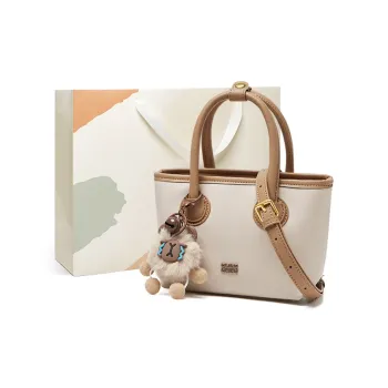 15 MINS Cow Leather Patchwork Synthetic Leather One Shoulder Handbags Women's Ecru & Apricot/Coffee